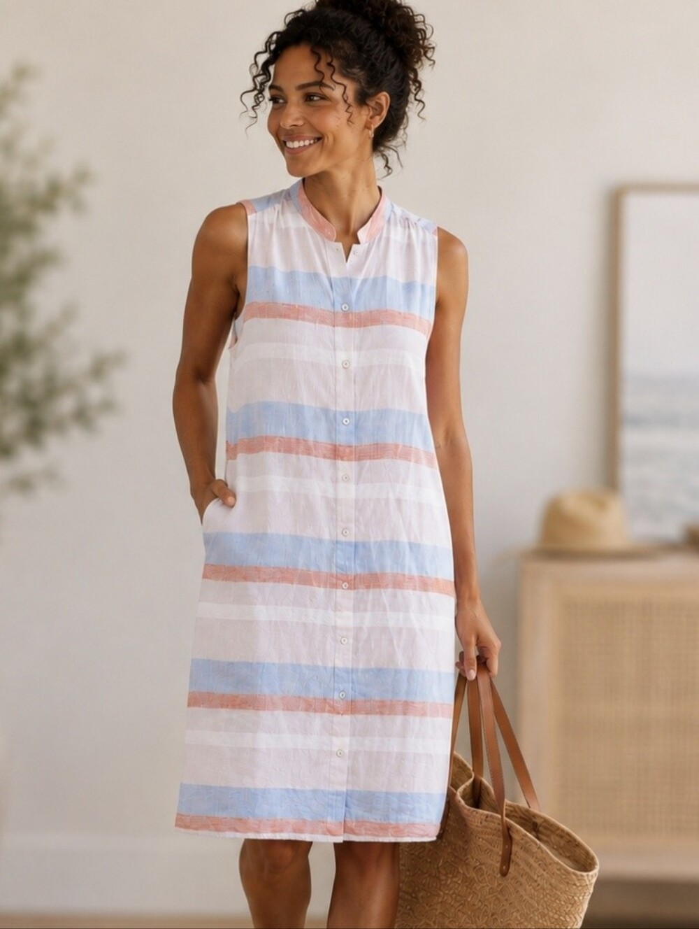 Cynthia Rowley 100% Linen Striped Shirt Dress Belted Pockets Coastal  Small